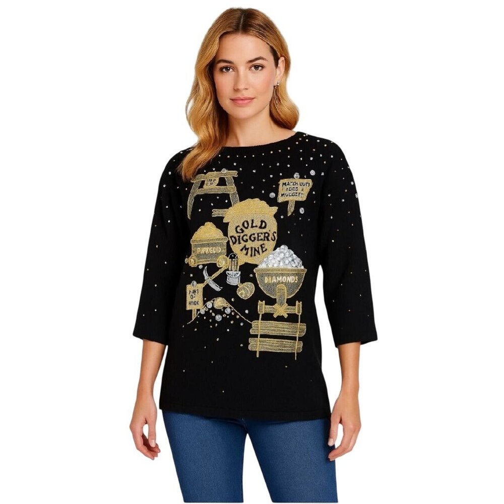 Vintage 1980s Medium Black & Gold Beaded Gold Digger Novelty Sweater Tunic Top‎